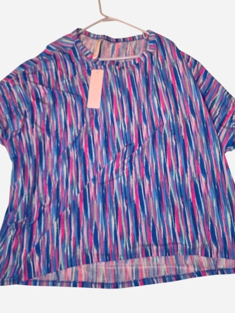 Relaxed Short-Sleeve Tunic Top in Blue & Pink Stripe